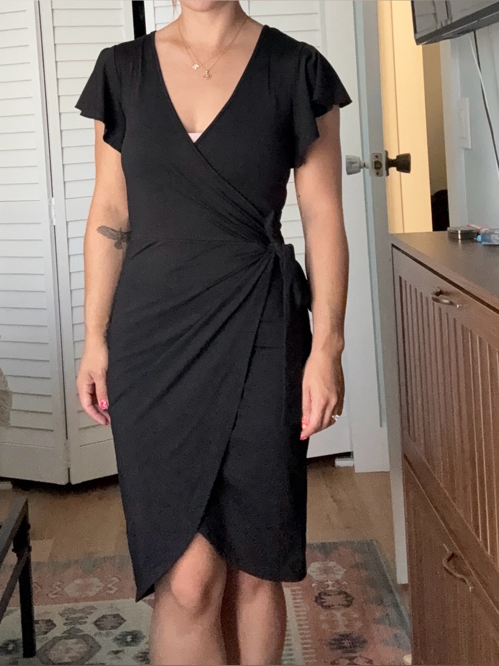 SHEIN Black Wrap Midi Dress with Flutter Sleeves